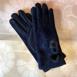 Touch Screen Glove with Pom Poms - Navy