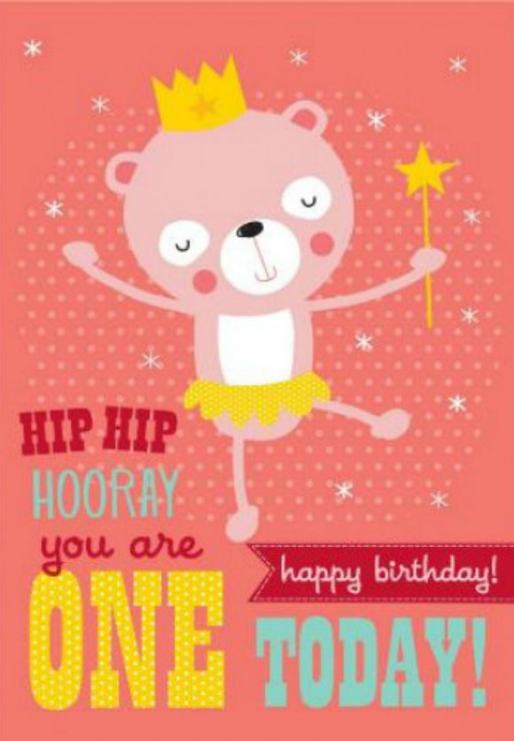 Pink Bear First Birthday Card