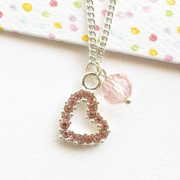 Pink Crystal Heart Necklace - Silver